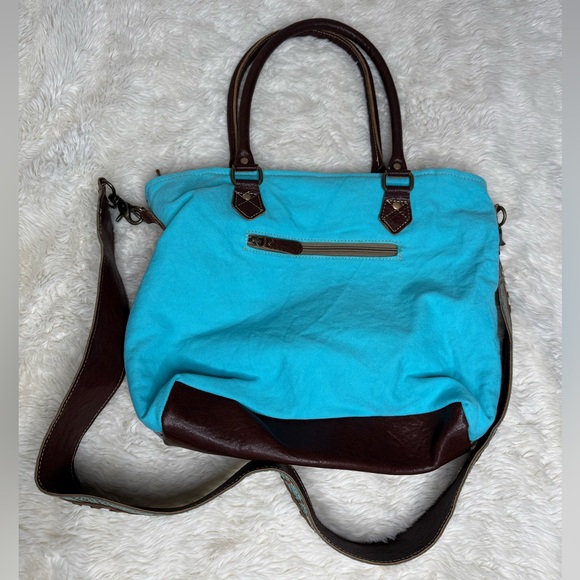 NWT Myra Curation Tote Bag Cotton Leather Turquoise Blue Brown Western Aztec - Picture 8 of 11